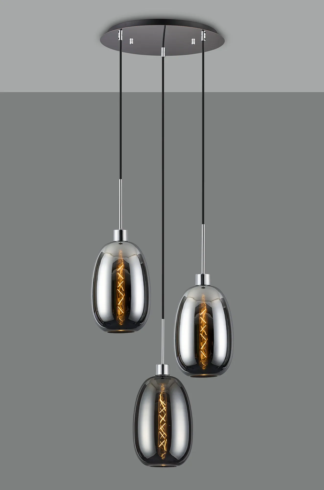 Lori 40cm Round Pendant, 3 Light Adjustable E27, Polished Chrome/Chrome/Smoke Slim Curved Trapezium Shades DK1270  Deco Lori Polished Chrome